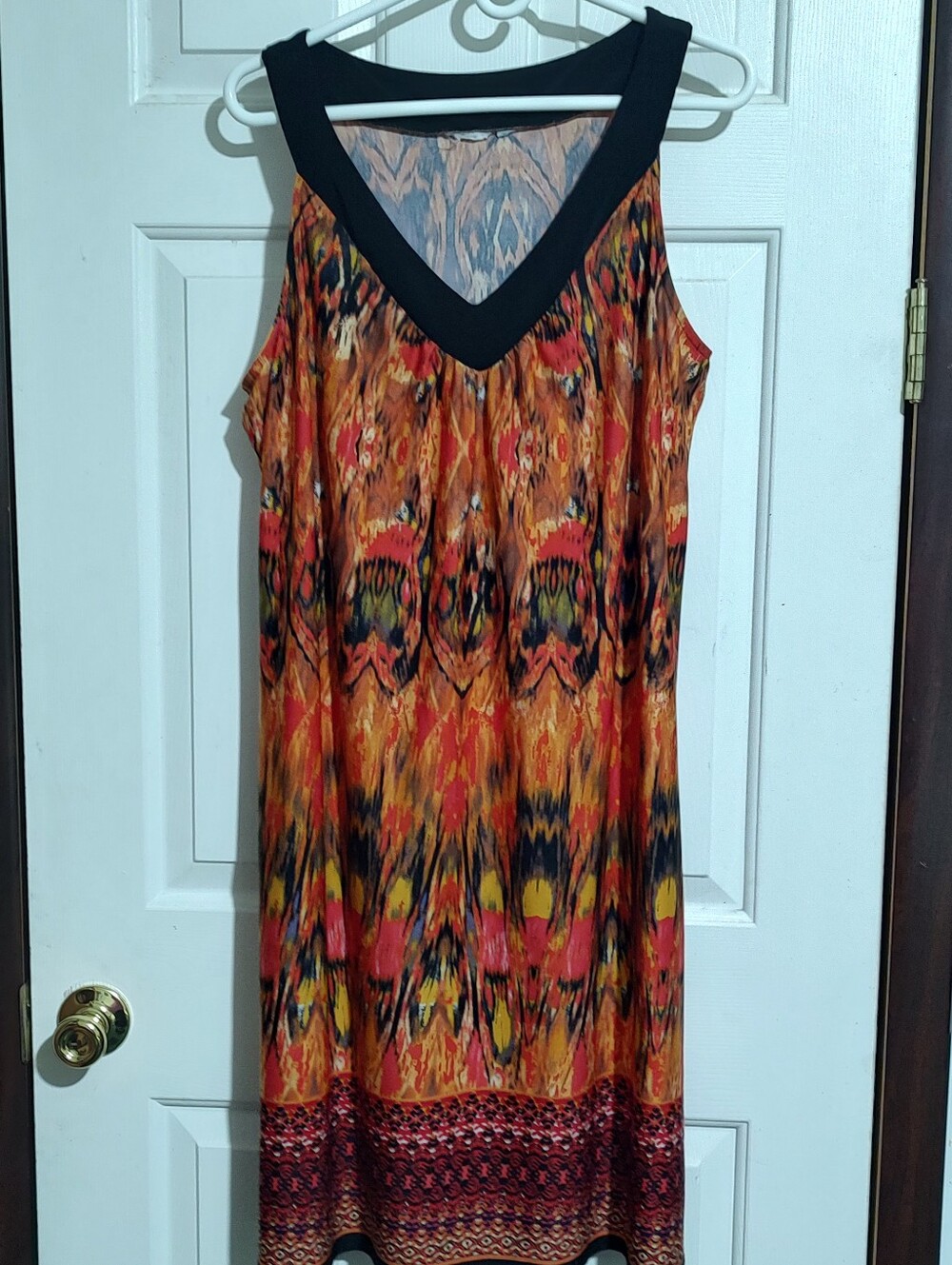 Sleeveless V-Neck Multicolor Printed Tunic Dress with Black Trim